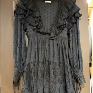 Ulla Johnson Black Swiss Dot Ruffle V-Neck Long Sleeve Dress